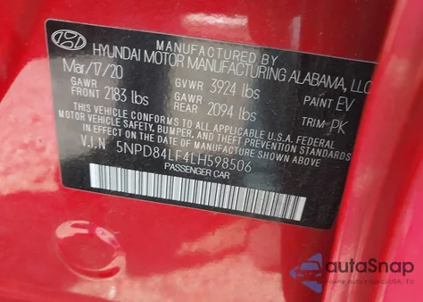 2020 Hyundai Elantra Sel z USA, uszkodzony, nr VIN 5NPD84LF4LH598506